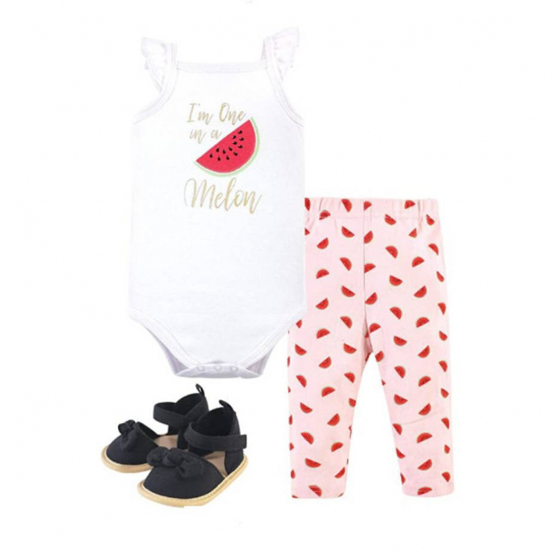 Conjunto de body, pantalón y zapatos de algodón de sandía – Bebé Niña