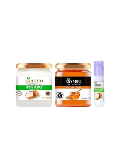 KIT MIEL NATURAL 250g - ACEITE DE COCO 180ml - REPARADOR LABIAL 30ml