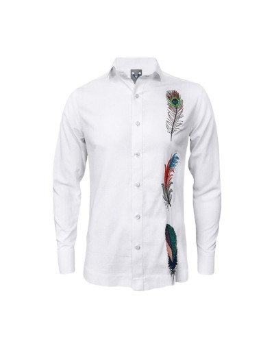 Camisa guayabera lino blanco bordada plumas manga larga