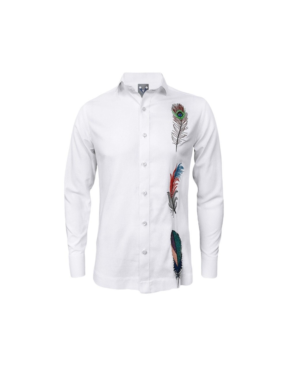 Camisa guayabera lino blanco bordada plumas manga larga