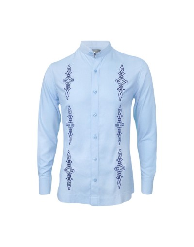 Camisa guayabera lino azul claro bordada manga larga hombre