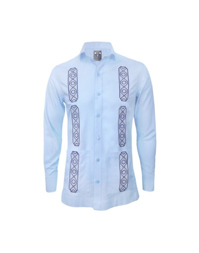 Camisa guayabera lino azul con bolsillos bordada manga larga