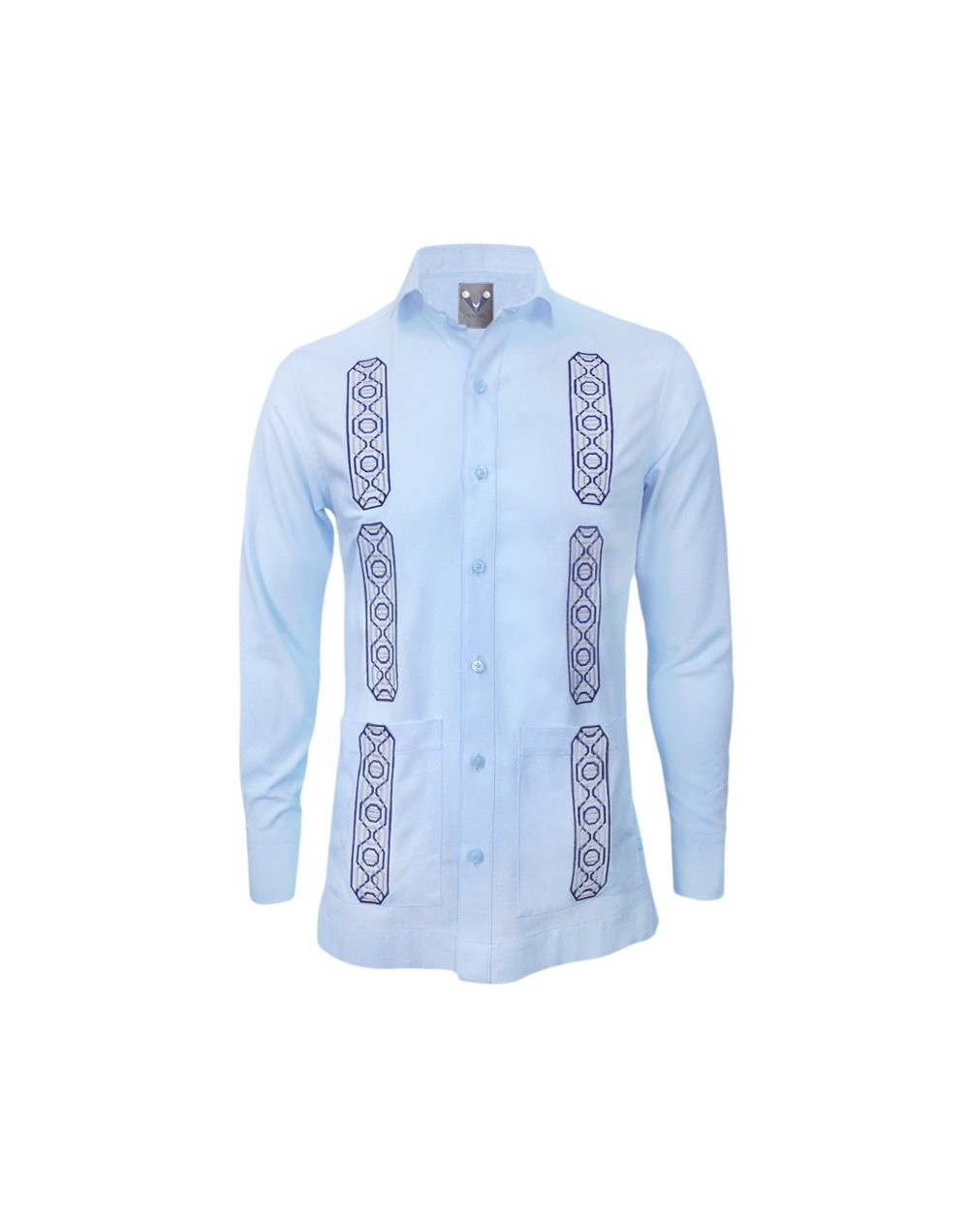 Camisa guayabera lino azul con bolsillos bordada manga larga