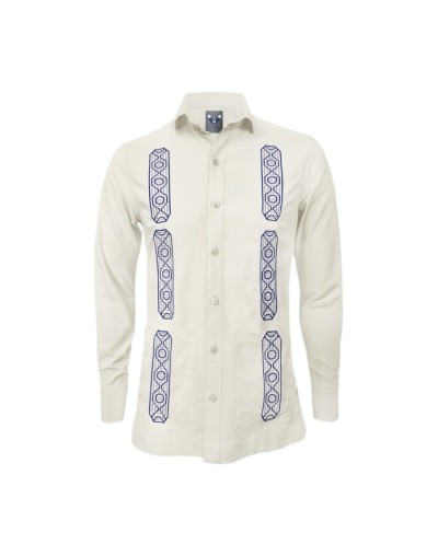 Camisa guayabera lino marfil con bolsillos bordada manga larga