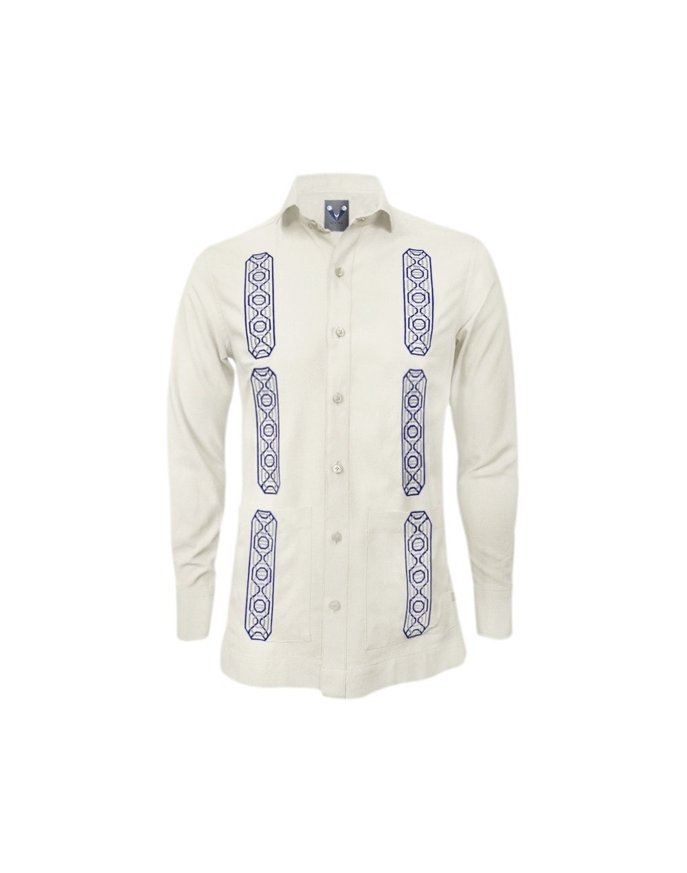 Camisa guayabera lino marfil con bolsillos bordada manga larga