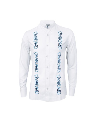 Camisa guayabera lino blanco con bordado azul manga larga