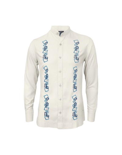 Camisa guayabera lino marfil con bordado azul manga larga
