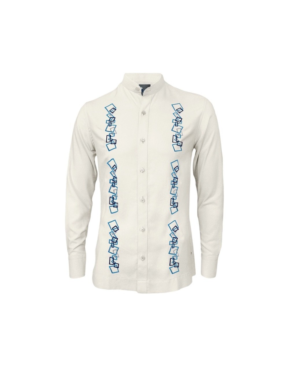 Camisa guayabera lino marfil con bordado azul manga larga