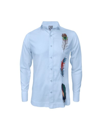 Camisa guayabera lino azul claro bordada plumas manga larga