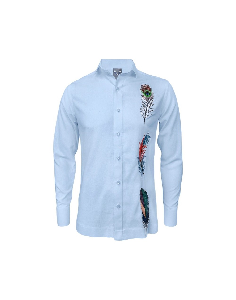 Camisa guayabera lino azul claro bordada plumas manga larga