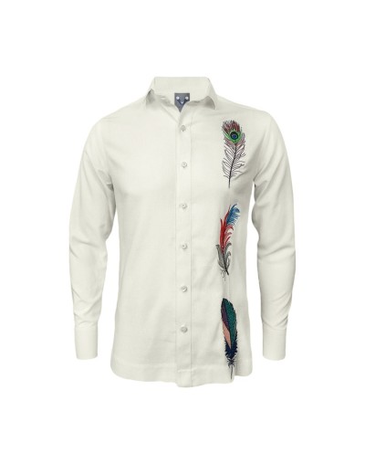Camisa guayabera lino marfil bordada plumas manga larga