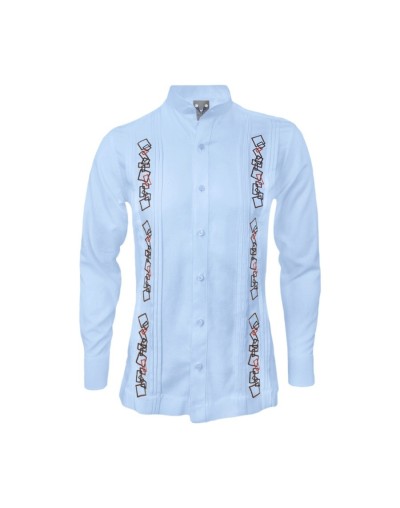 Camisa guayabera lino azul claro con alforzas bordada manga larga