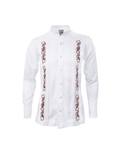 Camisa guayabera lino blanco con alforzas bordada manga larga
