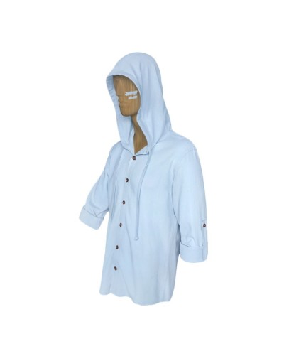 Camisa azul con capota amplia en 100% lino trabilla en manga larga hombre