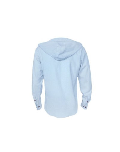 Camisa azul con capota amplia en 100% lino trabilla en manga larga hombre