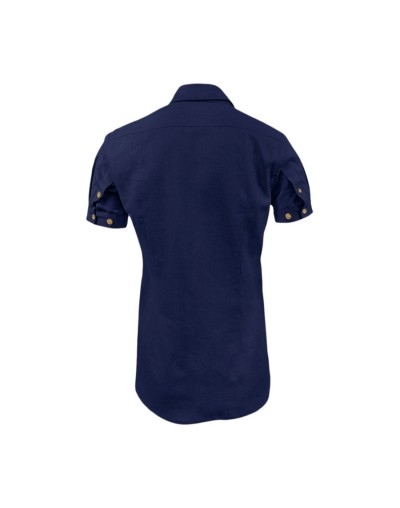 Camisa lino azul oscuro slim fit manga corta para hombre