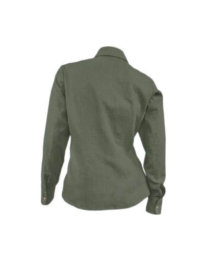 Camisa blusa verde hoja en 100% lino con botonadura escondida entallada manga larga mujer