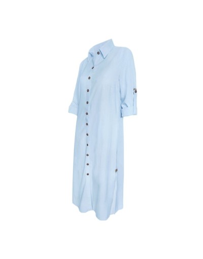 Vestido largo blusón azul claro en 100% lino manga larga mujer