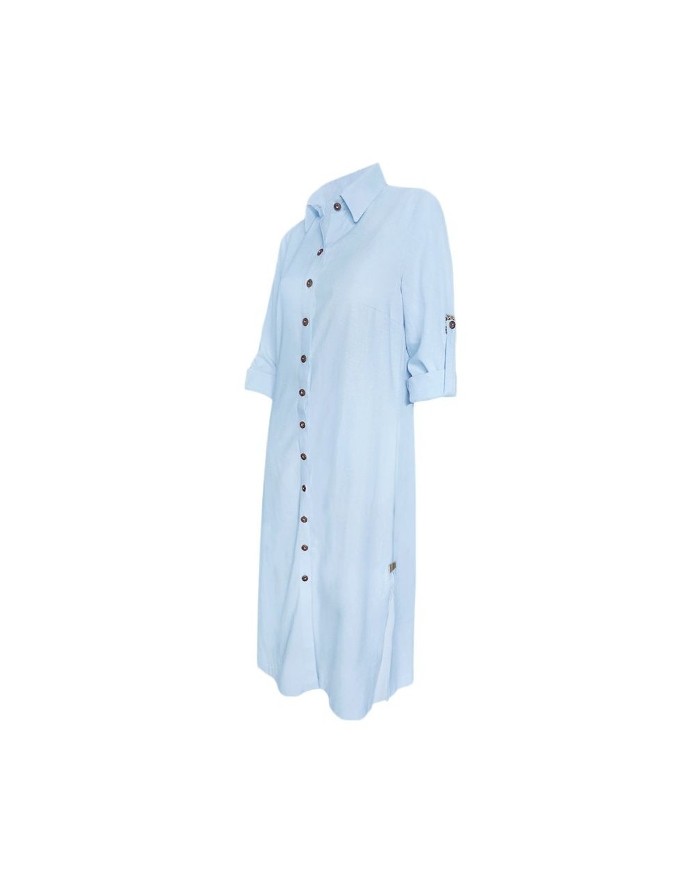 Vestido largo blusón azul claro en 100% lino manga larga mujer