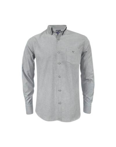 Camisa en oxford gris con bolsillo manga larga Slim hombre