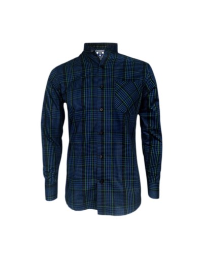 Camisa a cuadros azules cuello neru manga larga Slim hombre