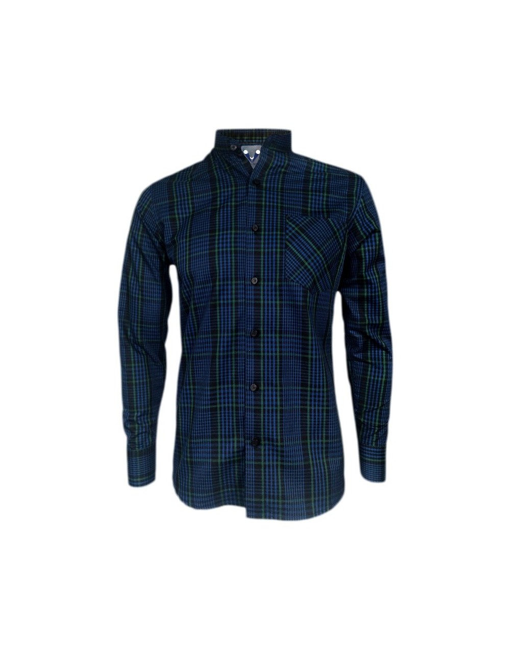 Camisa a cuadros azules cuello neru manga larga Slim hombre