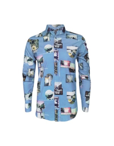 Camisa azul claro stretch estampada manga larga Slim hombre