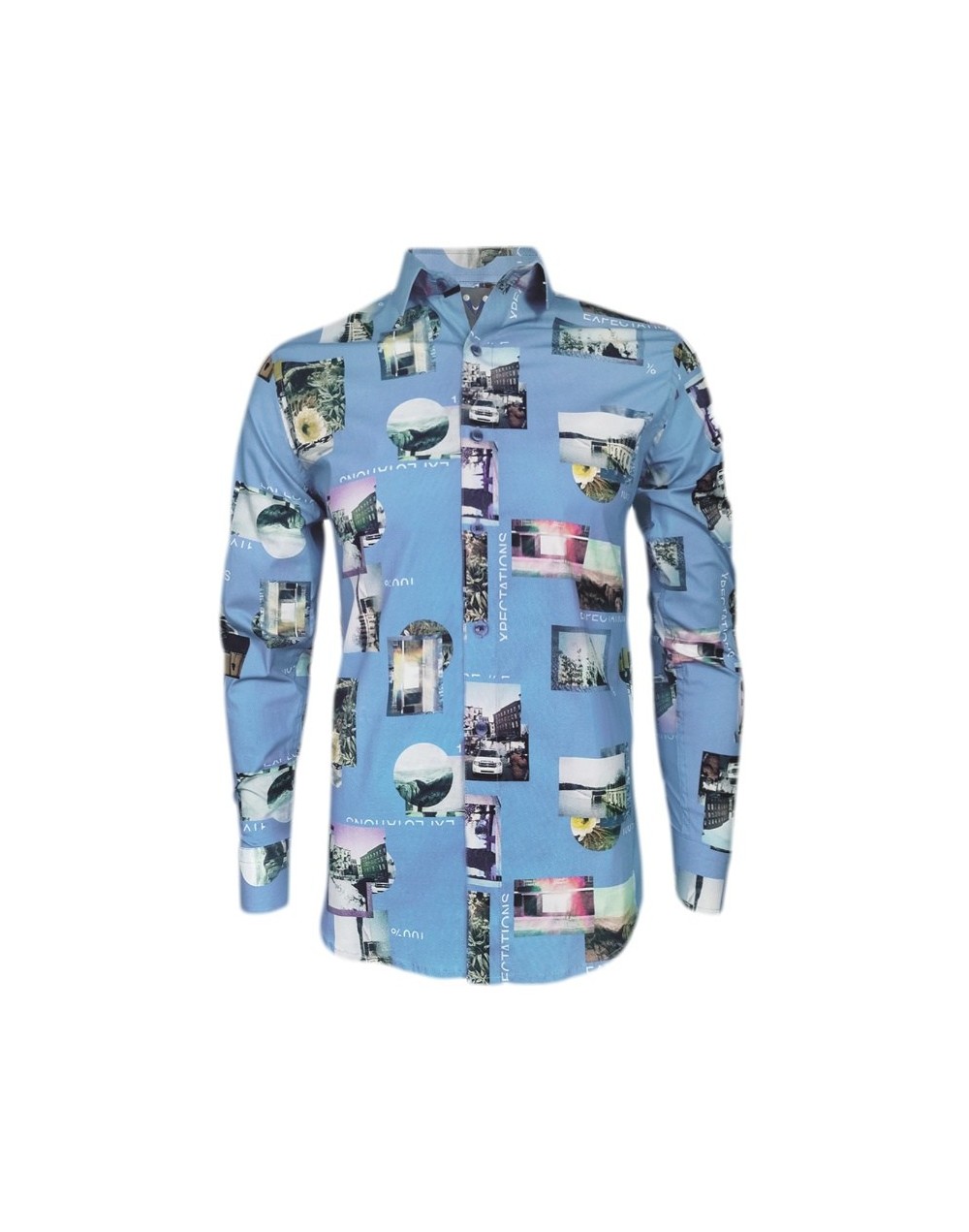 Camisa azul claro stretch estampada manga larga Slim hombre