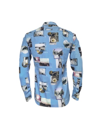 Camisa azul claro stretch estampada manga larga Slim hombre