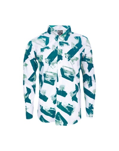 Camisa blanca estampada tonos verdes manga larga slim hombre