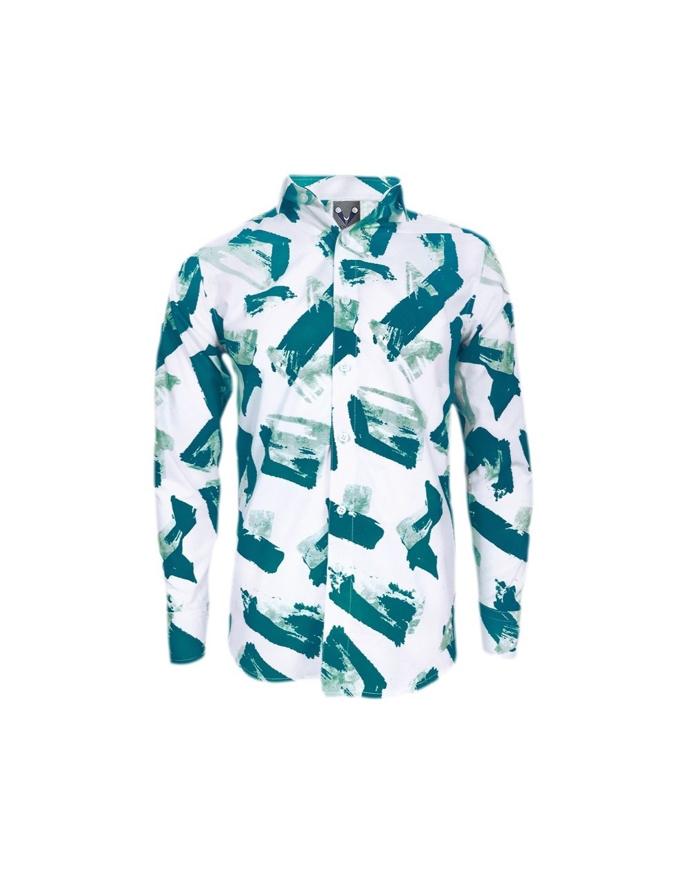 Camisa blanca estampada tonos verdes manga larga slim hombre