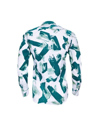 Camisa blanca estampada tonos verdes manga larga slim hombre