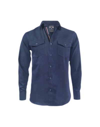 Camisa denim azul con bolsillos manga larga Slim para hombre