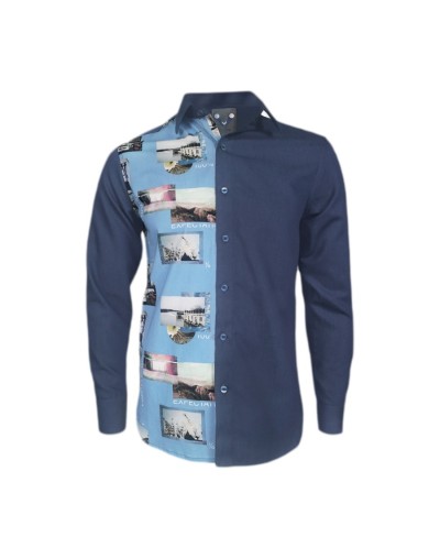 Camisa en denim con estampado manga larga Slim para hombre