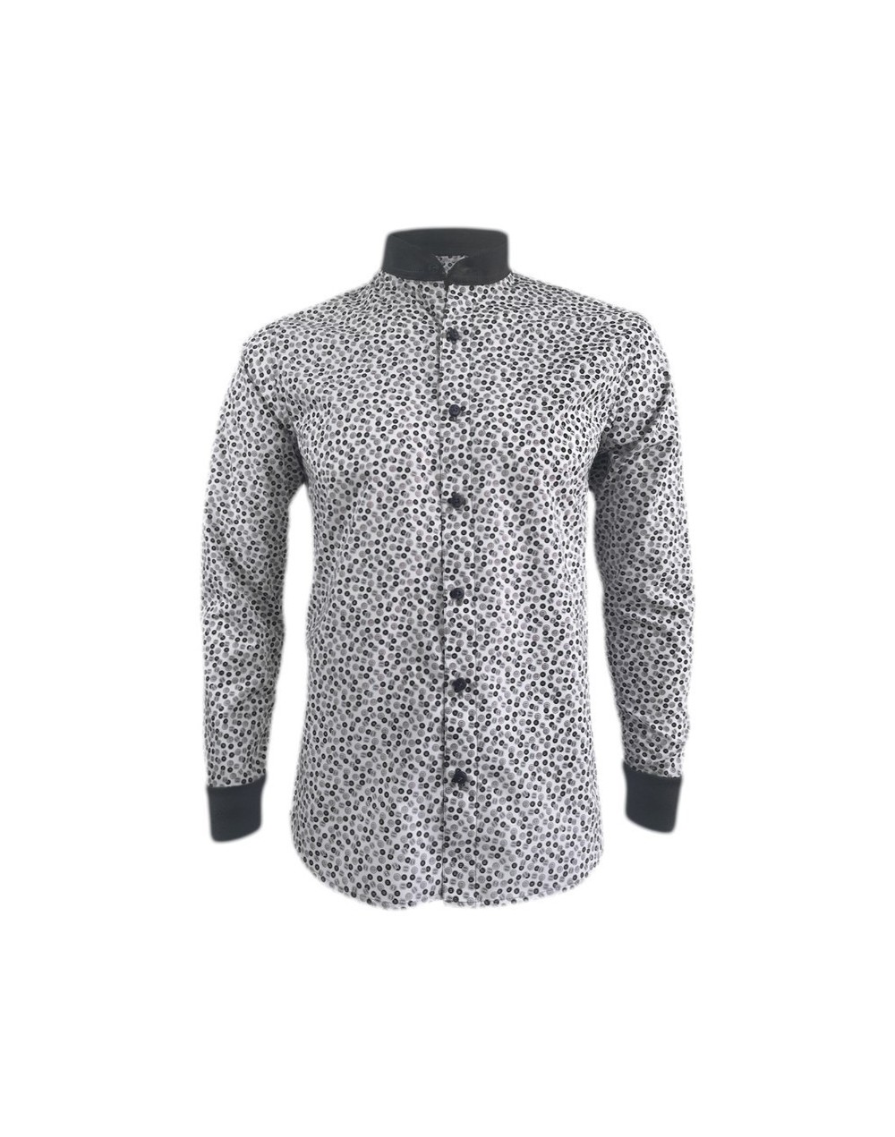 Camisa gris mini prints cuello neru manga larga Slim hombre