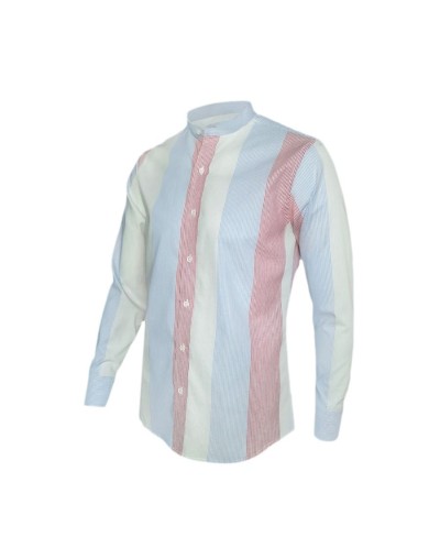 Camisa de rayas azul rojo y verde, manga larga Slim hombre