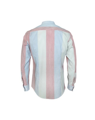 Camisa de rayas azul rojo y verde, manga larga Slim hombre