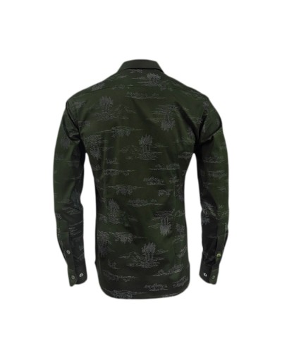 Camisa verde estampada slim fit manga larga hombre