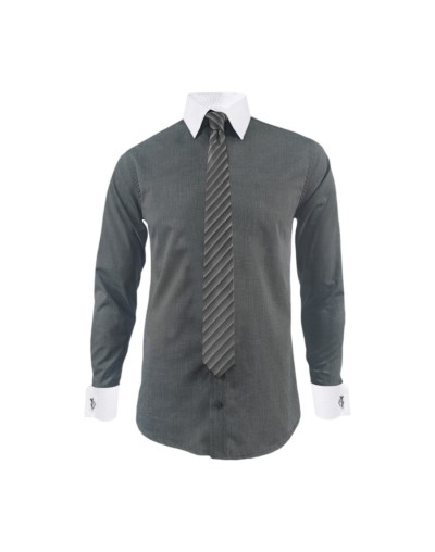 Camisa formal gris cuello y puños mancorna blancos hombre