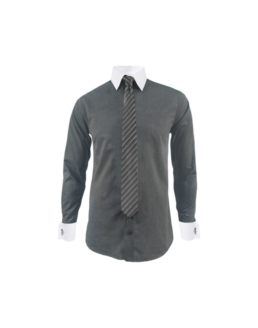 Camisa formal gris cuello y puños mancorna blancos hombre