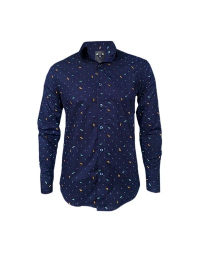 Camisa azul oscura con mini prints manga larga Slim hombre
