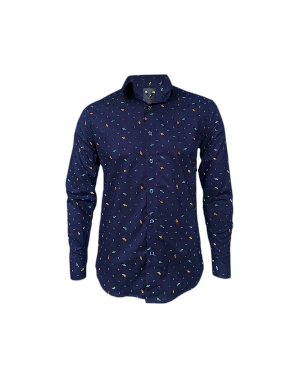Camisa azul oscura con mini prints manga larga Slim hombre