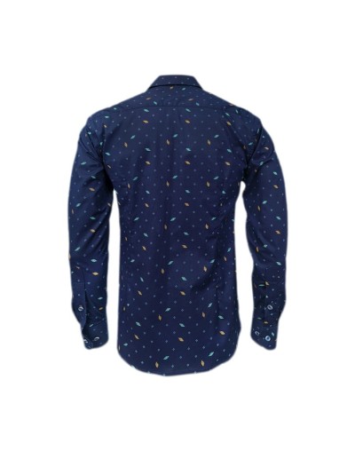 Camisa azul oscura con mini prints manga larga Slim hombre