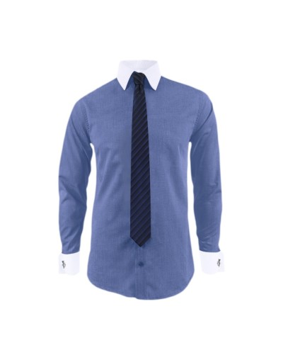 Camisa formal azul cuello y puños mancorna blancos hombre