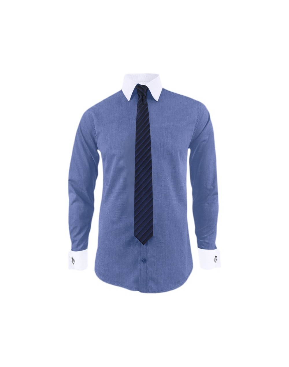 Camisa formal azul cuello y puños mancorna blancos hombre