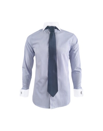 Camisa formal azul con rayas cuello y puños para mancornas blancos hombre