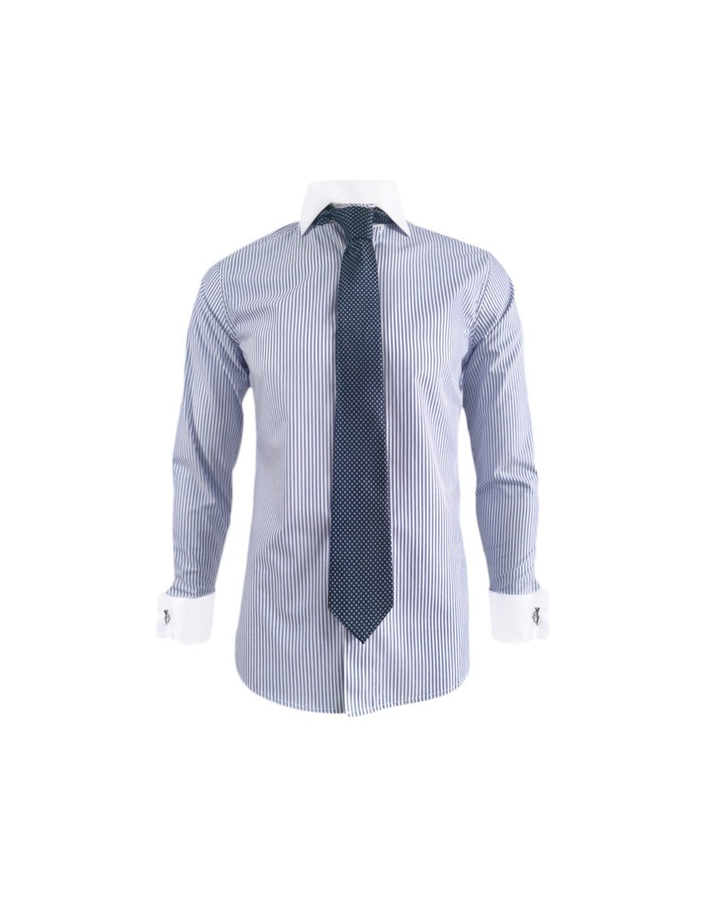 Camisa formal azul con rayas cuello y puños para mancornas blancos hombre