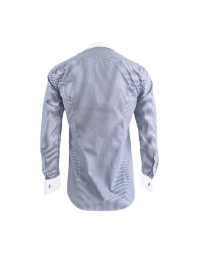 Camisa formal azul con rayas cuello y puños para mancornas blancos hombre