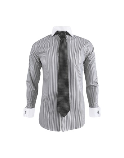 Camisa formal gris con rayas cuello y puños blancos slim fit para hombre