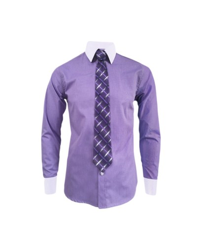 Camisa formal lila cuello y puños blancos manga larga hombre
